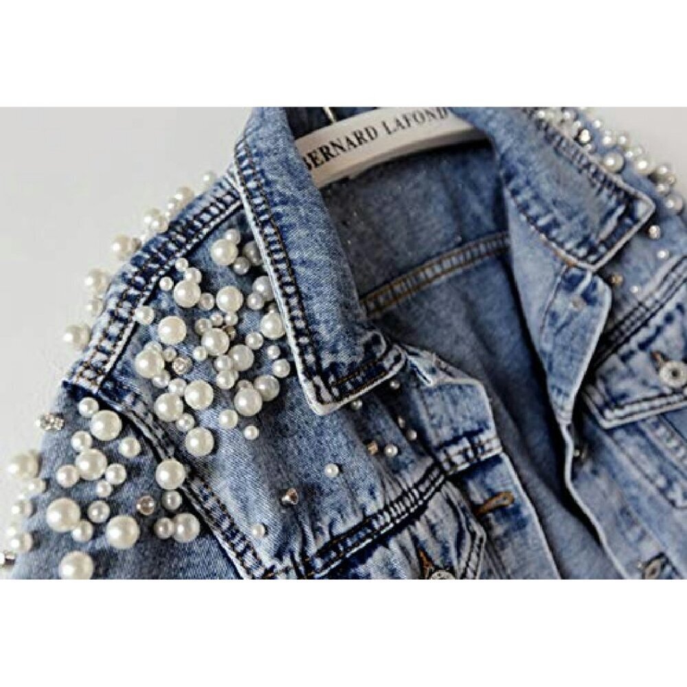 Distressed Denim Jacket with Pearl Embroidery, Cotton Poly Blend, Sizes XS-XXL - Picture 7 of 8
